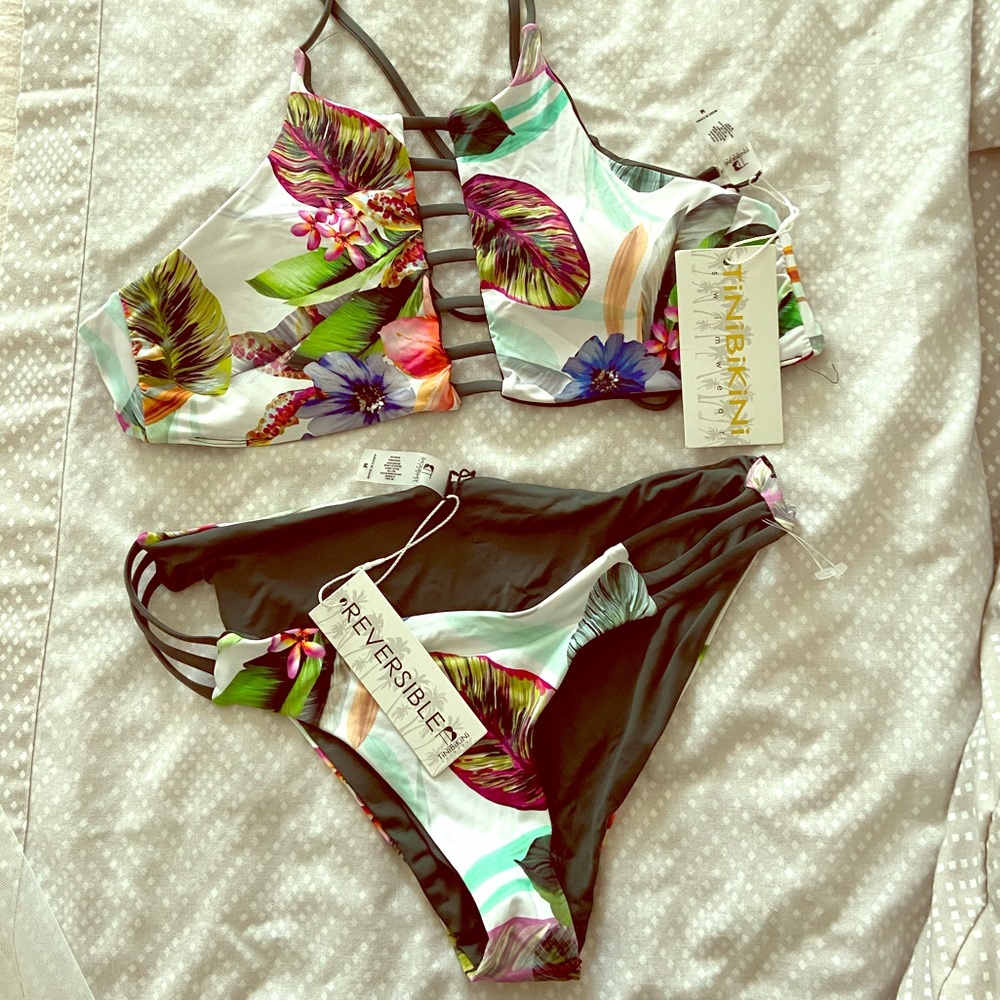 Floral green bikini - Reversible swimwear beach pool or festival ready
